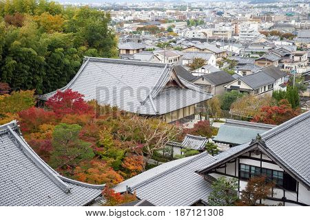 Scenic Top View Of Enkoji Temple And North Kyoto City Skyline During Autumn