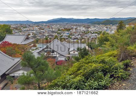 Scenic Top View Of Enkoji Temple And North Kyoto City Skyline During Autumn