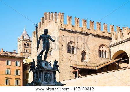 Italy Bologna Del Nettuno square the Neptune statue and the Re Enzo palace in the background