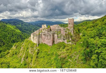 Ruins of Saint-Ulrich Castle located in The Vosges mountains near Ribeauville Alsace France