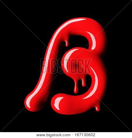 Glossy red letter B uppercase. 3D rendering font with glint on black background.