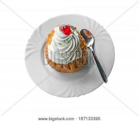 Savarin Cake With Cream And Syrup, Silver Spoon, White Plate Isolated