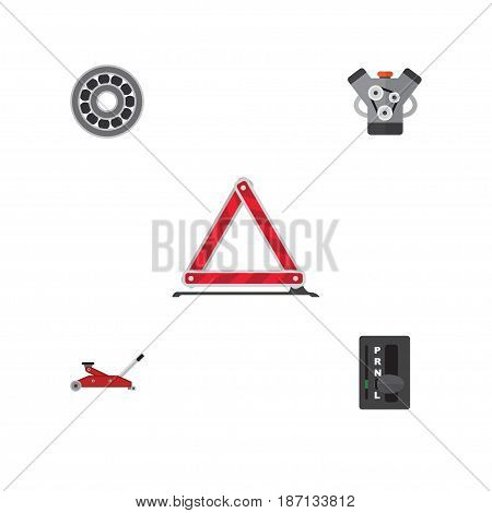 Flat Service Set Of Lifting, Warning, Brake Disk And Other Vector Objects. Also Includes Stop, Emergency, Automatic Elements.