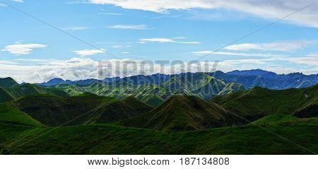 Panoramic beautiful scenery of mountains along the way on Whanganui river road in National Park in Autumn Whanganui North Island of New Zealand