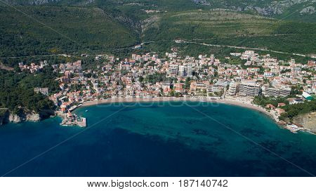 Aerial view of the town of Petrovac in Montenegro