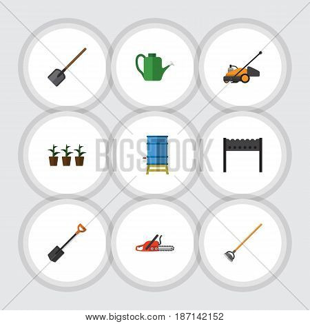 Flat Garden Set Of Lawn Mower, Flowerpot, Container And Other Vector Objects. Also Includes Shovel, Lawn, Container Elements.