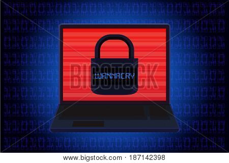 Laptop showing master key icon on screen over blue background in computer code theme. Illustration about ransomware called WannaCry.