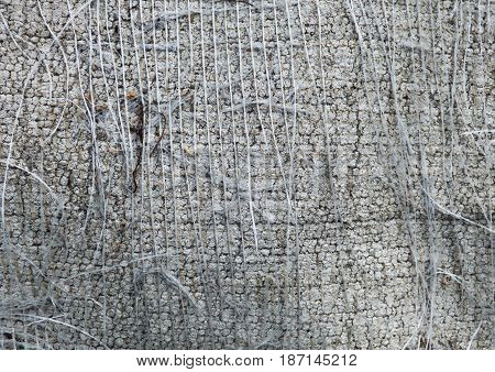 Coarse texture. Gray surface with torn thread,  irregular vertical and horizontal structure. Aged fabric background with place for text.