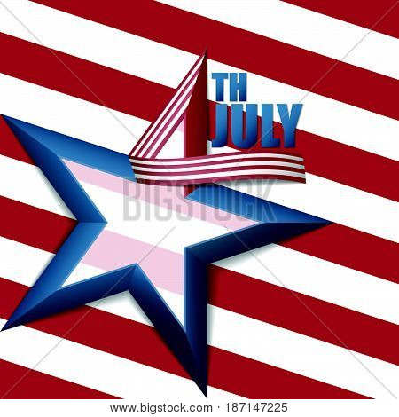 4th of July American Independence Day background in three dimensional number four design with blue five point star white and red stripes ribbon