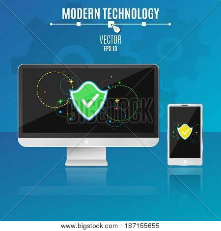 Modern computer and phone on a blue background. System security. Shield with multi-colored symbols on a light screen in a flat style. Hi-tech. Vector illustration. ESP 10