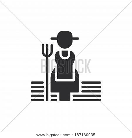 Farmer woman with hayfork icon vector filled flat sign solid pictogram isolated on white. Symbol logo illustration. Pixel perfect