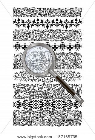 Illustration of floral design elements dividers borders and magnifying glass isolated