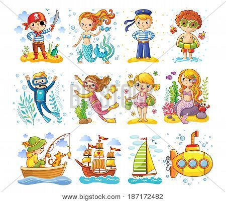 Vector set on a sea theme. A collection of children in cartoon style.