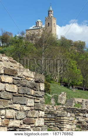 VELIKO TARNOVO, BULGARIA - 9 APRIL 2017: Ruins of The capital city of the Second Bulgarian Empire medieval stronghold Tsarevets, Veliko Tarnovo, Bulgaria
