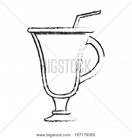 blurred silhouette image cartoon glass cup of cappucino with straw vector illustration