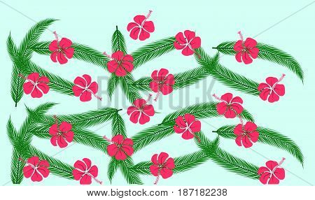 Floral pattern with green palm leaves and red hibiscus flowers on blue background stock vector illustration