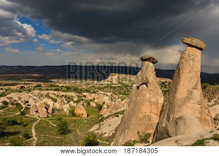 Two Fairy Chimneys Of Cappadocia Shot On Cloudy Day