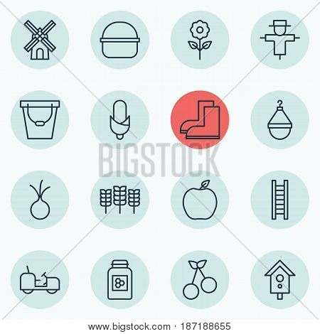 Set Of 16 Holticulture Icons. Includes Hanger, Sweet Berry, Gardening Shoes And Other Symbols. Beautiful Design Elements.
