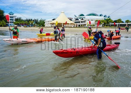 Labuan,Malaysia-Feb 19,2017:Group of adventurer ready to kayaking in Labuan island,Malaysia.Malaysia is the ideal place for water sports,like white water rafting,kayaking,scuba diving & sailing.