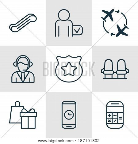 Set Of 9 Traveling Icons. Includes Stair Lift, Operator, Globetrotter And Other Symbols. Beautiful Design Elements.