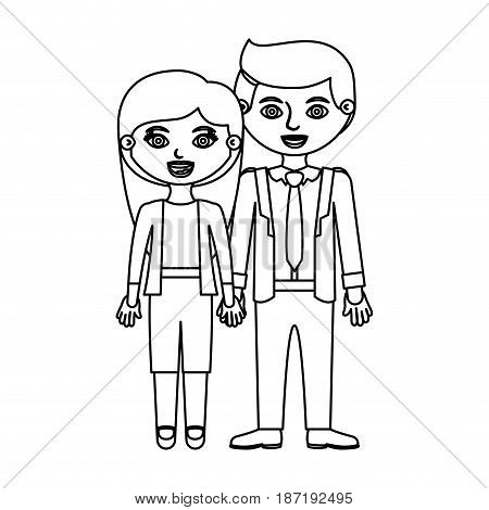 black contour couple woman with long hair with man in formal style and taken hands vector illustration