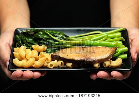 Fried Chinese Kale And Macaroni With Deep-fried Dried Salted Sea Fish.