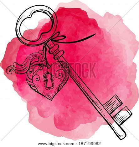 Keys icon vector illustration isolated on pink background. Key with a trinket in form of heart. This image symbolizes love. Keys for locking and unlocking heart.