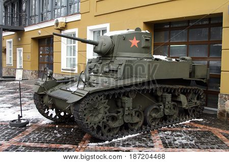 KRASNOGORSK RUSSIA-FEBRUARY 23 2016: Light tank M3 STUART the entrance to the Museum of technology Zadorozhnogo. Krasnogorsk Moscow region.