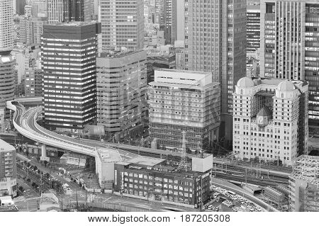Black and White Office building aerial view close up Osaka Japan cityscpe background