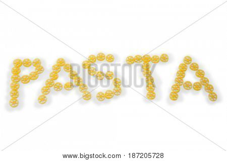 Pasta text made from rotelle over white background