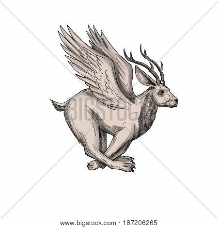 Tattoo style illustration of a Wolpertinger in Bavarian folklore a mythical hare with antlers fangs and wings running viewed from the side set on isolated white background.
