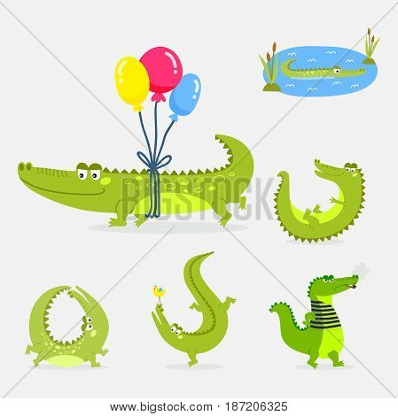 Cartoon green crocodile funny predator and australian wildlife river reptile carnivore alligator scales teeth flat vector illustration. Tropical africa safari zoo character crocodylus.