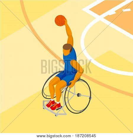 Physically disabled basketball player at the court. Wheelchair basketball - sport clip art. Isometric 3d athlete.