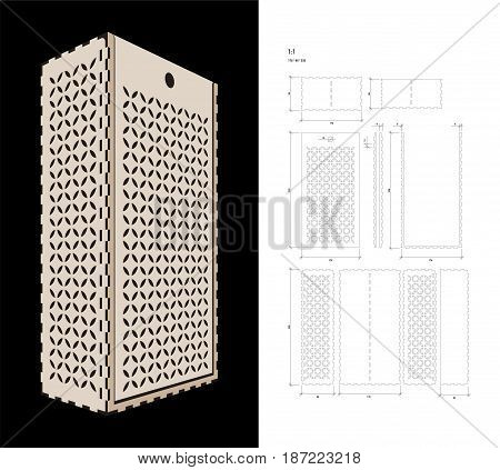 Cut out template for two bottles Wine gift slider Box or Wine  Glass Box (plywood 3 mm). Creative memory bottle pack with geometric design. Scheme is suitable for a laser cutting or printing