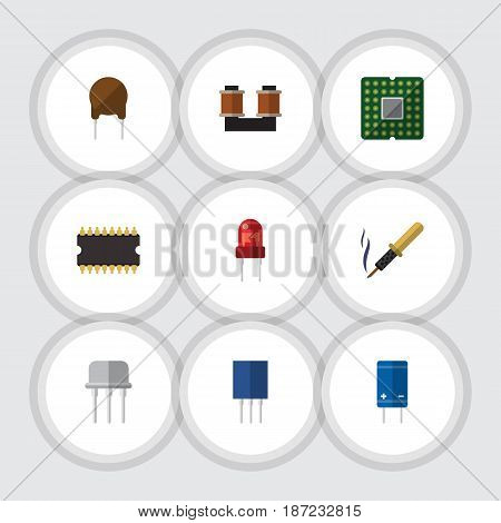 Flat Electronics Set Of Recipient, Unit, Transistor And Other Vector Objects. Also Includes Electronics, Triode, Transistor Elements.