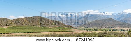Panorama of a farm landscape with the Swartberg (black mountain) in the back near Hoeko in the Western Cape Province