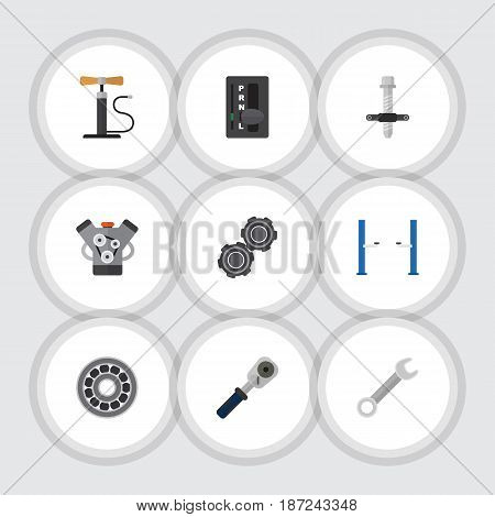 Flat Service Set Of Wheel Pump, Ratchet, Motor And Other Vector Objects. Also Includes Carrying, Key, Engine Elements.