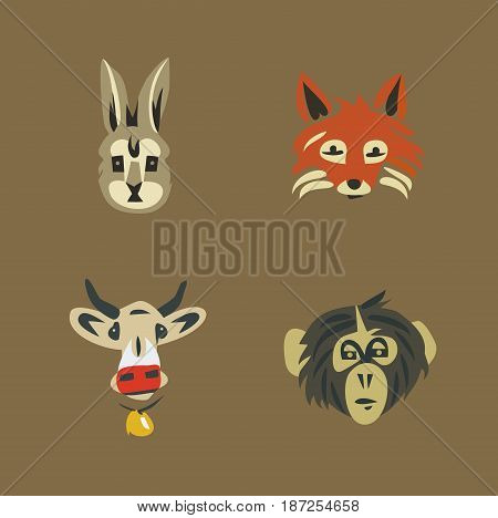 Vector illustration icon set of wild and home animals: rabbit, fox, cow, monkey, nature background