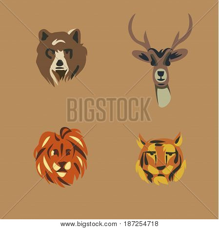 Vector illustration icon set of wild animals: bear, deer, lion tiger
