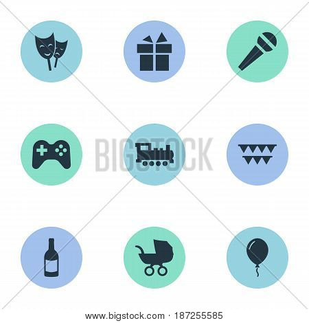 Vector Illustration Set Of Simple Birthday Icons. Elements Mask, Baby Carriage, Train And Other Synonyms Beverage, Gift And Steam.