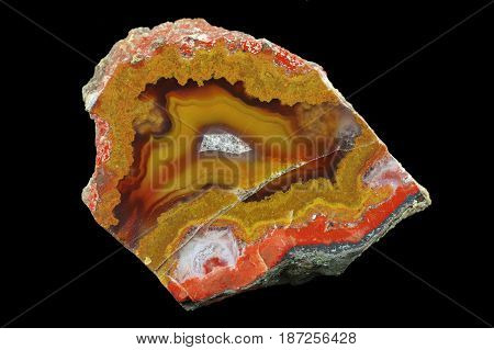 A cross section of the agate stone. Multicolored silica rings colored with metal oxides are visible. Origin: Asni Atlas Mountains Morocco.