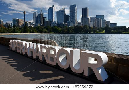 #operaharbour title for selfies. View of Sydney's skyline and Sydney Harbour from Royal Botanic Garden.