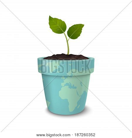 Ecology concept. Earth Day, World environmen day, Save the Earth or Green day. Vector background with sprout in a flower pot with a print of the Earth, isolated on white background. EPS10 illustration.