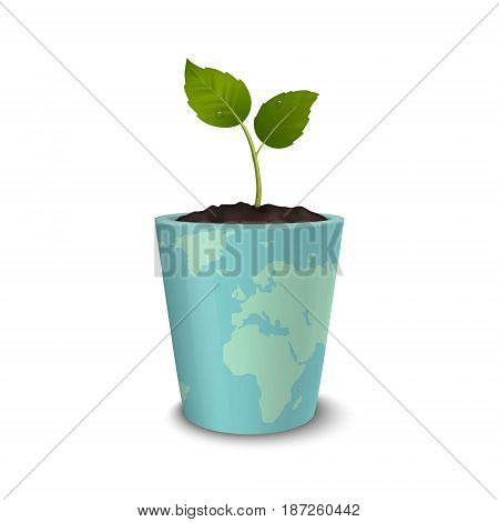 Ecology concept. Earth Day, World environmen day, Save the Earth or Green day. Vector background with sprout in a flower pot with a print of the Earth, isolated on white background. EPS10 illustration.
