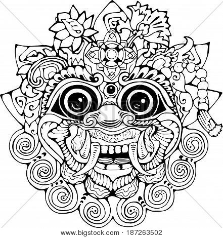 Illustration of a Thai mask. Black and white drawing of the eastern deity