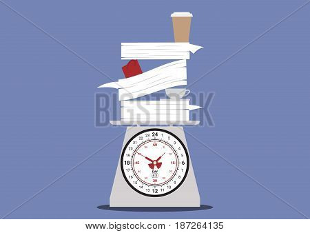 work overtime, work on day clock scales, pile of work with cup of coffee, document paper and coffee above one day time scales, business balance concept, vector illustration