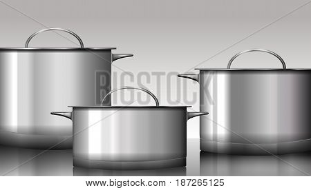Group of stainless steel kitchenware isolated on white. Vector illustration