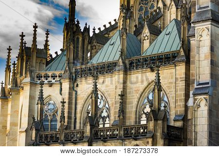 Facade of New Dome (Mariendom) in Linz Upper Austria gothic cathedral close up of architectural details dramatic moody atmosphere blue sky