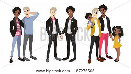 Family set with gay couple, two dads and kids. Characters in cartoon flat style. Vector illustration of family portrait isolated on white background.