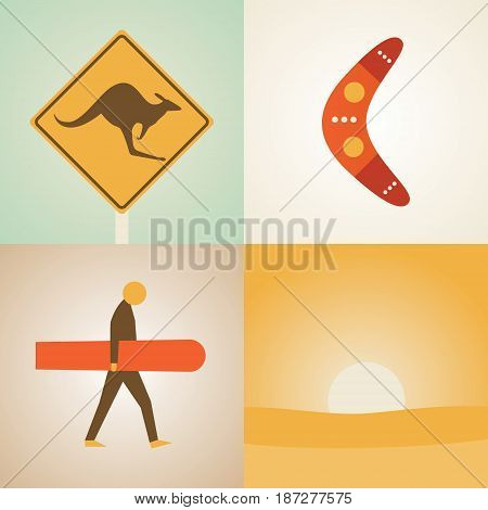 Vector flat illustration, icon set of Australia: kangaroo, boomerang, surfing nature
